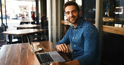 Buy stock photo Laptop, portrait and remote work with man in coffee shop to research for small business startup. Computer, schedule and website with freelance employee at table of cafe or restaurant as customer