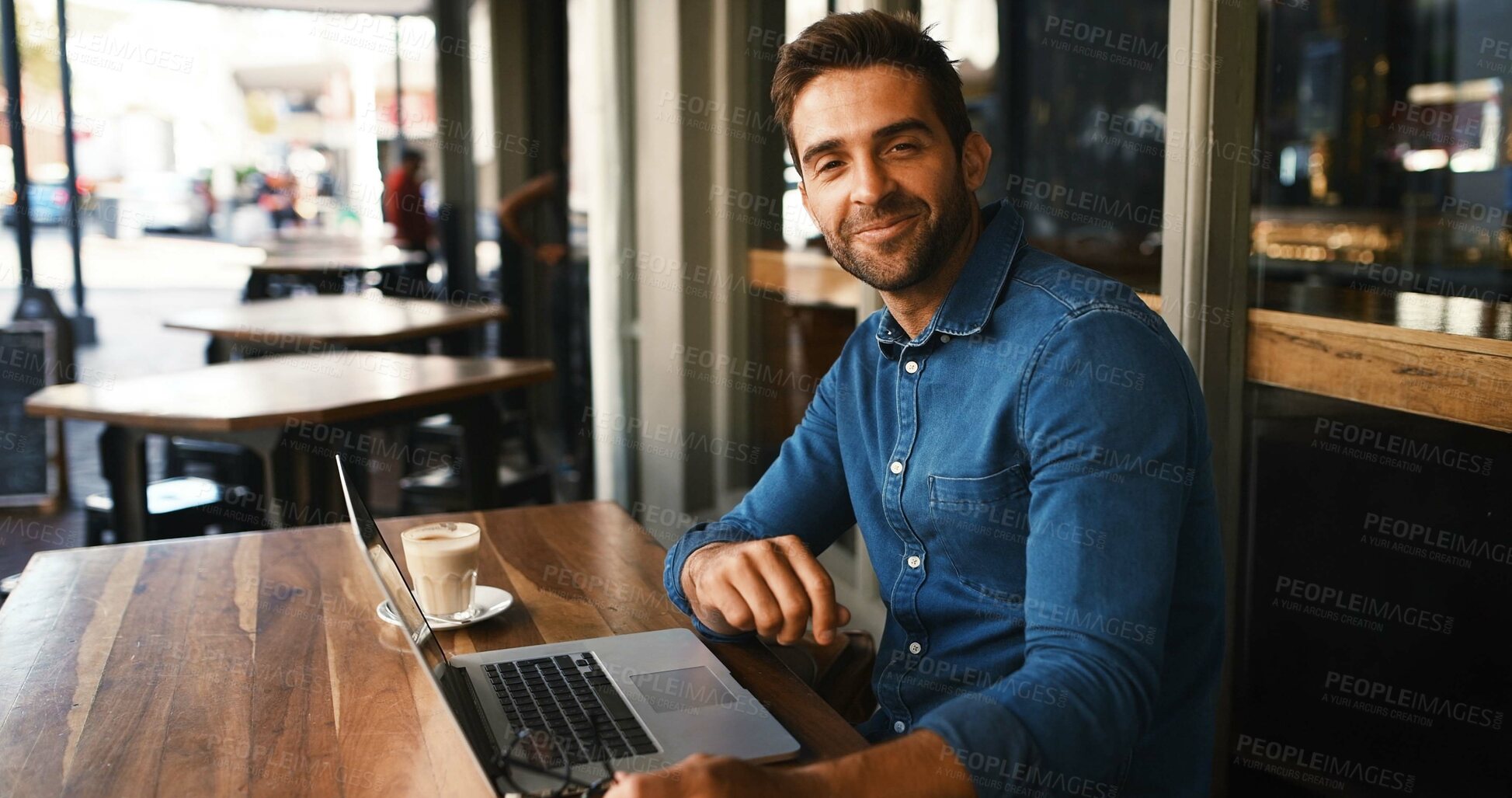 Buy stock photo Laptop, portrait and remote work with man in coffee shop to research for small business startup. Computer, schedule and website with freelance employee at table of cafe or restaurant as customer