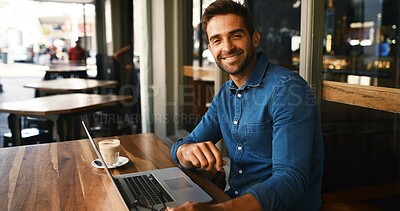 Buy stock photo Laptop, portrait and remote work with happy man in coffee shop for research on small business startup. Computer, schedule and website with smile of freelance employee in restaurant as customer