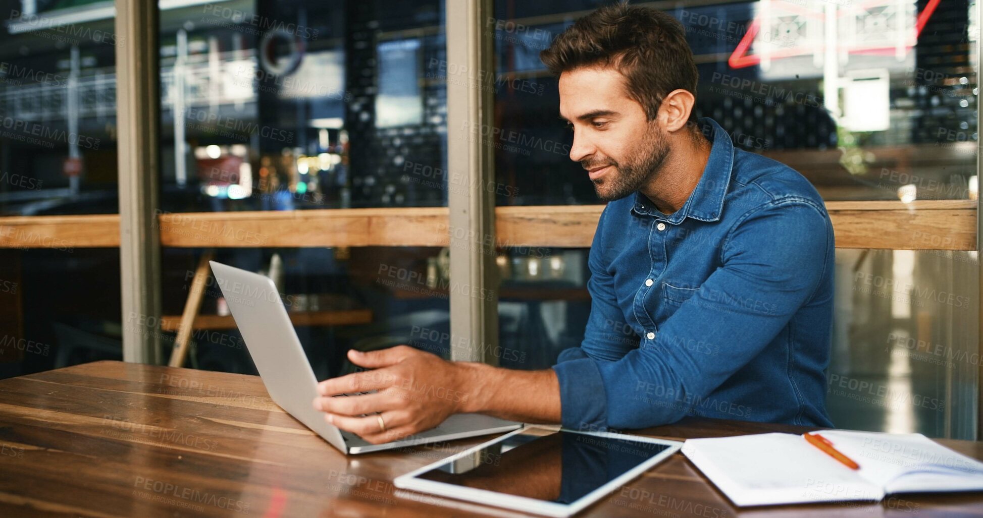 Buy stock photo Laptop, man and freelancer reading in coffee shop for article, update review or journalist check email. Computer, remote work and happy person in cafe to research news, report or editing headline