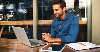 Buy stock photo Smile, man and cafe with laptop at night for research, proofreading article and information. Journalist, online and reading email for story feedback, review newsletter and publishing for working late