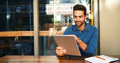 Buy stock photo Cafe, man and editing on tablet for remote work, article information or online blog for publication. Coffee shop, male person and content writer with digital for freelancer, newsletter and reading