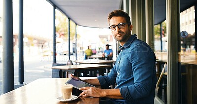 Buy stock photo Portrait, remote work and tablet with man in cafe to research for small business startup. App, schedule and website with freelance employee outdoor in booth of coffee shop or restaurant as customer
