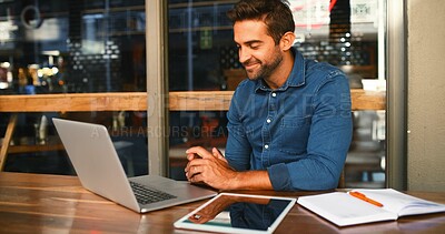Buy stock photo Cafe, man and smile on laptop for remote work, article information and online blog for publication. Coffee shop, male person and content writer with tech for freelancer, newsletter and reading email