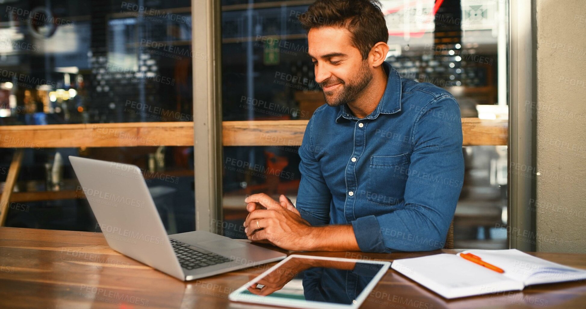 Buy stock photo Cafe, man and smile on laptop for remote work, article information and online blog for publication. Coffee shop, male person and content writer with tech for freelancer, newsletter and reading email