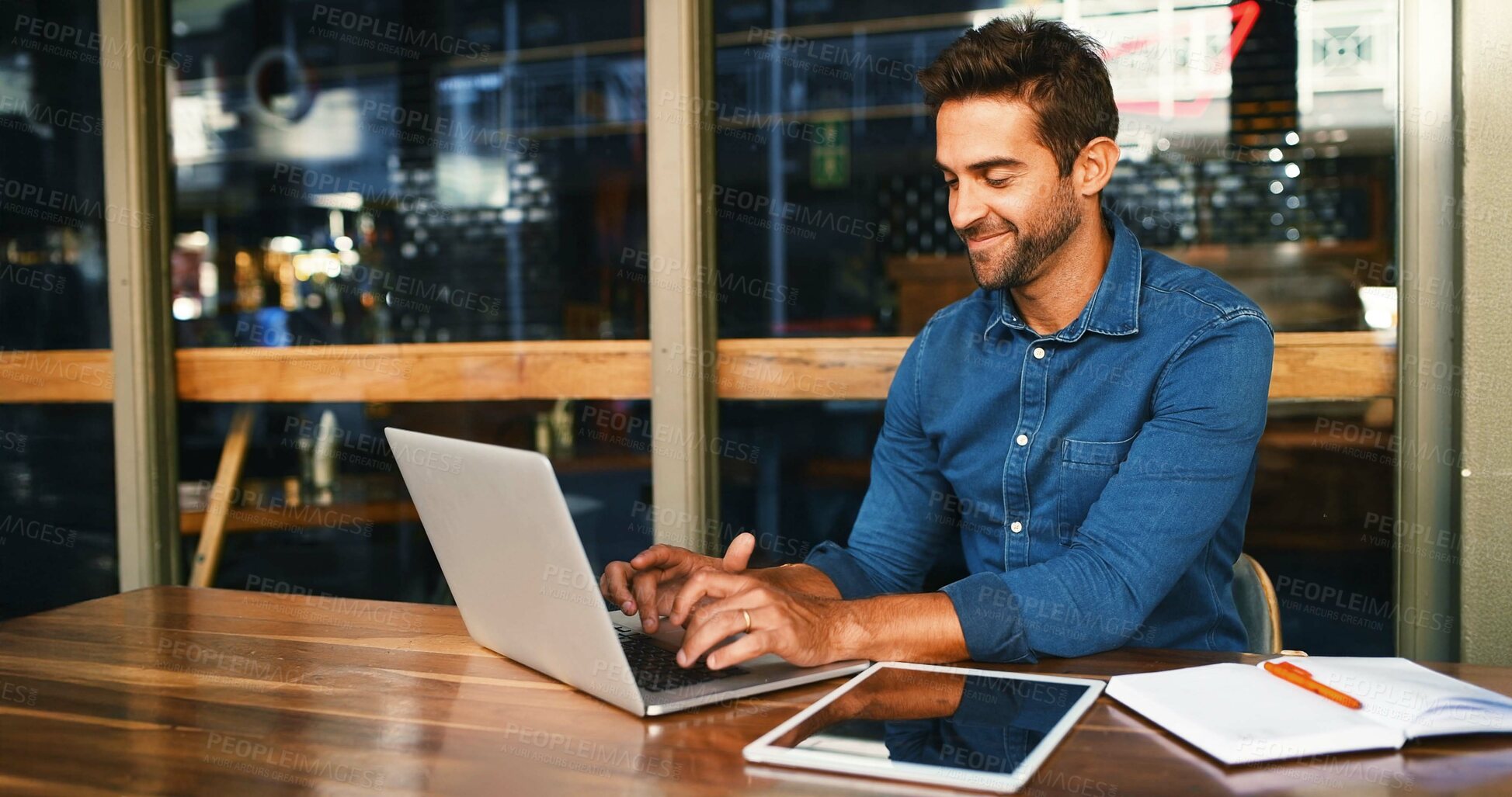 Buy stock photo Cafe, man and typing on laptop for remote work, article information and online blog for publication. Coffee shop, male person and content writer with digital for freelancer, newsletter and editing