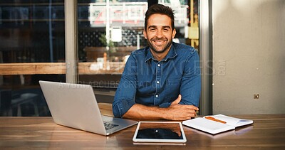 Buy stock photo Laptop, portrait and tablet with man in coffee shop to research for small business startup. Computer, remote work and website with happy freelance employee person at cafe or restaurant as customer