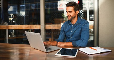 Buy stock photo Cafe, man and typing on laptop for freelancer, article information and online blog for publication. Coffee shop, male person and content writer with tech for remote work, newsletter and reading email