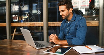 Buy stock photo Cafe, man and reading on laptop for remote work, article information or online blog for publication. Coffee shop, male person and content writer with digital for freelancer, newsletter and editing