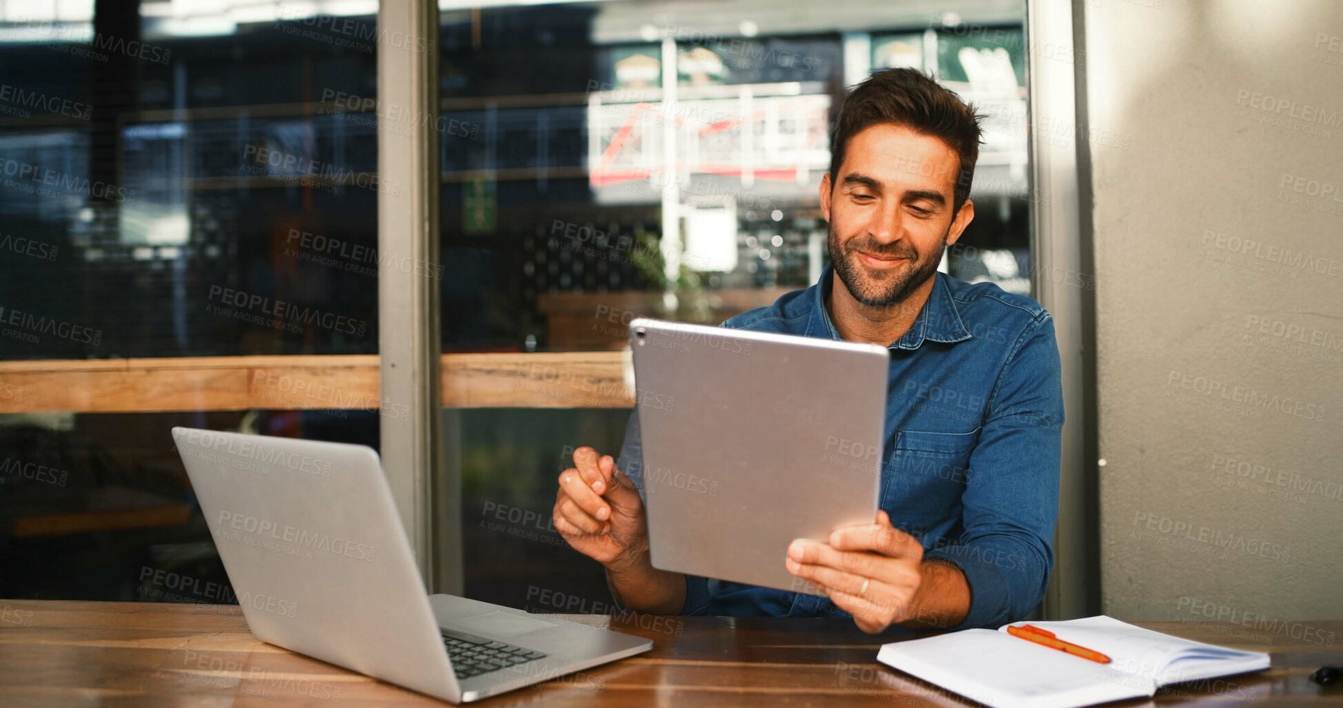 Buy stock photo Tablet, smile and man in cafe for hybrid work, update review and journalist check email. Technology, coffee shop and freelancer on internet for news, editing report and reading headline for article