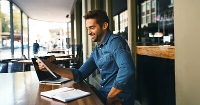 Buy stock photo Remote work, man or happy with tablet at cafe for editor feedback, publication approval or research. Freelancer, journalist and digital app at outdoor bistro for proofreading article and editing blog