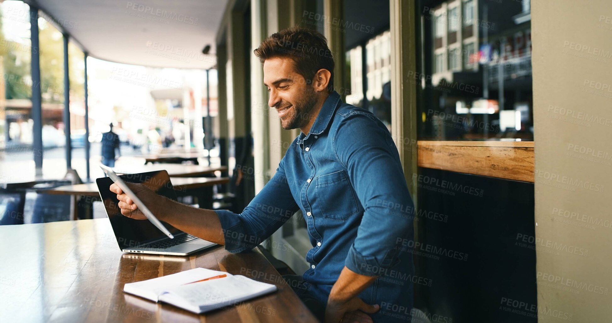 Buy stock photo Remote work, man or happy with tablet at cafe for editor feedback, publication approval or research. Freelancer, journalist and digital app at outdoor bistro for proofreading article and editing blog