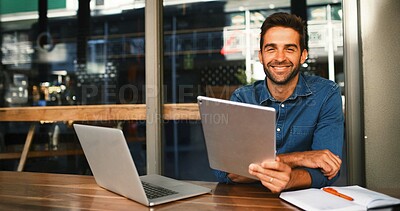 Buy stock photo Portrait, smile and tablet with man in coffee shop to research for small business startup. Laptop, schedule and website with happy freelance employee person of cafe or restaurant as customer