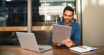 Buy stock photo Cafe, man and online on tablet for freelancer, article information or reading blog for publication. Coffee shop, male person and content writer with laptop for remote work, newsletter or scroll email
