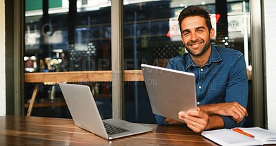 Buy stock photo Cafe, man and portrait on tablet for freelancer, article information or online blog for publication. Coffee shop, male person or content writer with laptop for remote work, newsletter or scroll email