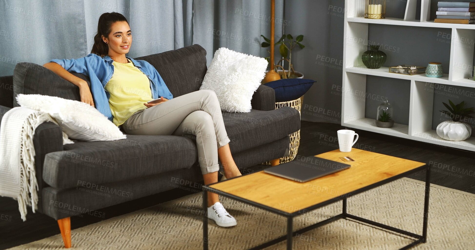 Buy stock photo Happy, woman and relax by watching tv at house for peace, movie and subscription service on couch. Smile, female person and chilling with thoughts while streaming film, surfing show and entertainment