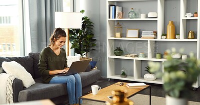 Buy stock photo Sofa, woman and laughing with laptop for freelancer, online information and blog editing for website. Home, female person and content writer with digital for remote work, article research and typing