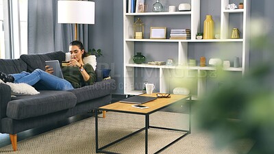 Buy stock photo Home, woman and tablet with credit card for online shopping, banking app and password on couch. House, female person and smile with technology for debit pin, ecommerce and payment on sofa in lounge