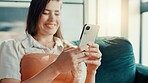 Hands, phone and relax with woman on sofa in living room of home for break or internet browsing. App, social media and weekend with person in apartment for communication, search or text message
