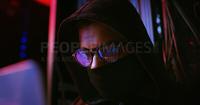 Buy stock photo Night, glasses or man on laptop for hacking, programming or cybersecurity website. Software attack, late or hacker with mask in dark room for big data research, system update or online scam operation