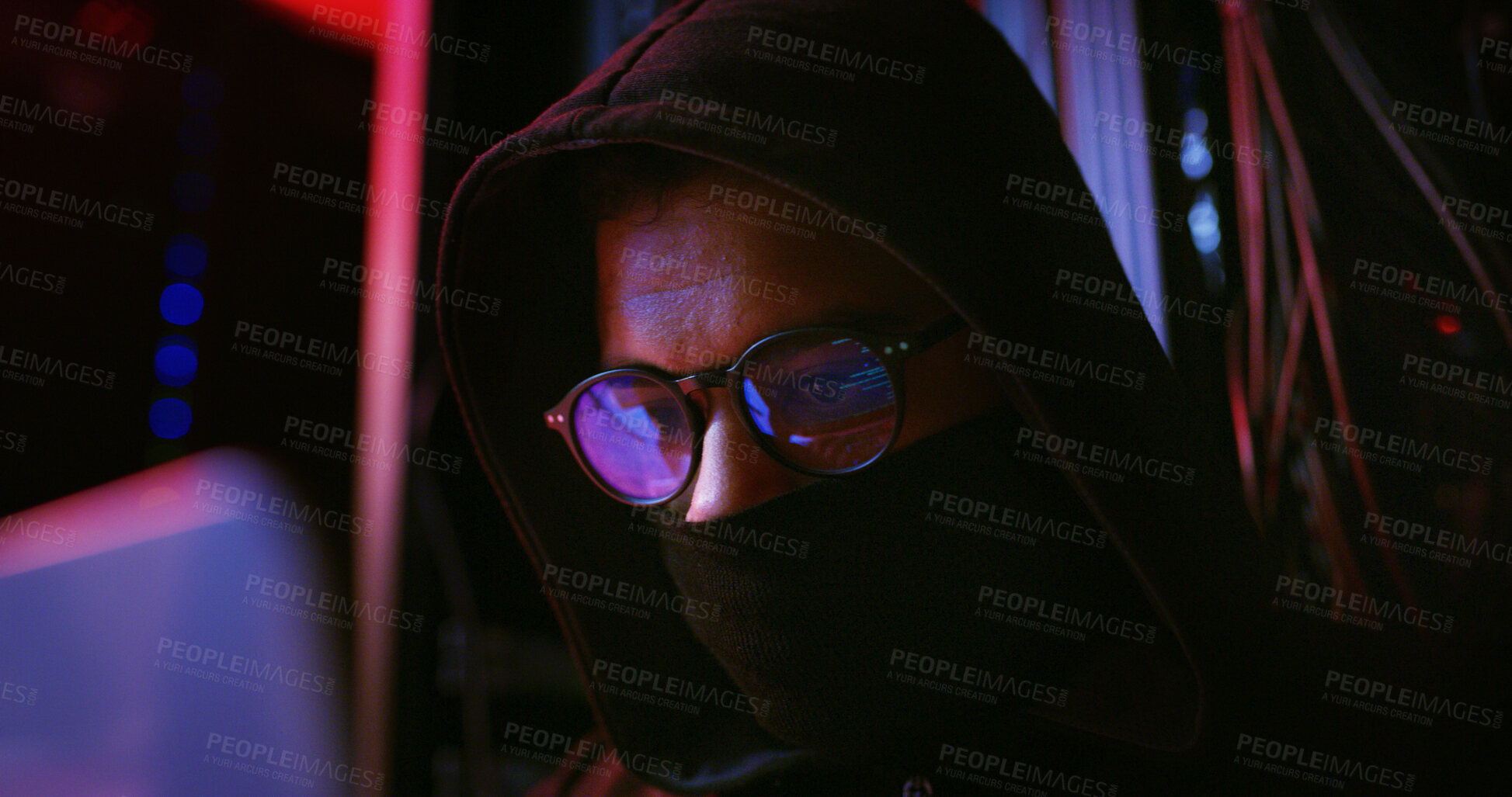 Buy stock photo Night, glasses or man on laptop for hacking, programming or cybersecurity website. Software attack, late or hacker with mask in dark room for big data research, system update or online scam operation