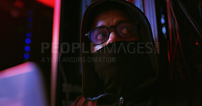 Buy stock photo Thinking, man and hacker with laptop for cybersecurity, programming or website breach. Software attack, late or spy with mask in dark room for big data research, system leak or online scam operation