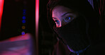 Night, hacker and person with mask for coding scam, phishing or cybercrime in office for online attack. Anonymous, privacy and programmer with security breach on technology for database encryption.