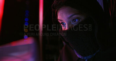 Buy stock photo Night, hacker and person with mask for coding scam, phishing or cybercrime for online attack. Anonymous, privacy and programmer with security breach on tech for database encryption in control room.