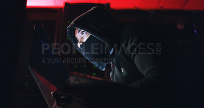 Buy stock photo Mask, person and hacker with laptop for cybersecurity, programming or breach in night. Software attack, late or spy with tech in dark room for big data research, system leak or online scam operation