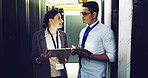 Server room, team and people with tablet for discussion, software update or system maintenance. Datacenter, planning and cloud computing with IT technician for database, cybersecurity or networking