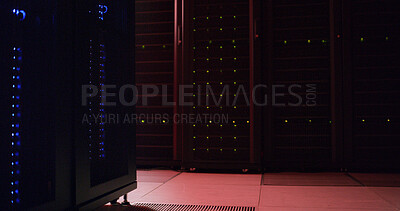 Buy stock photo Empty server room, information technology and lights with connectivity for hardware, storage and IOT. Dark interior, big data center and hub for cybersecurity, network operations and software systems
