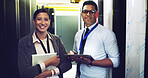 Server room, team and portrait of happy people with tablet for software update or system maintenance. Datacenter, cloud computing or smile with IT technician for database, cybersecurity or networking