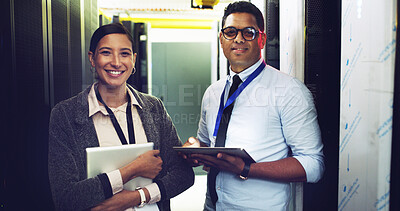Buy stock photo Server room, team and portrait of happy people with tablet for software update or system maintenance. Datacenter, cloud computing or smile with IT technician for database, cybersecurity or networking