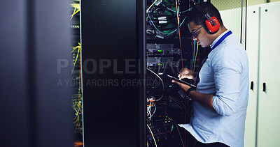 Buy stock photo Man, engineer and database on tablet in server room for software, update system and testing. Programmer, digital and IT inspection for technical engineering, network security and hardware maintenance
