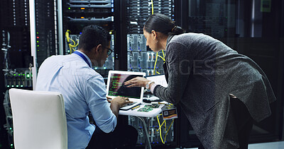 Buy stock photo Server room, team and people with laptop screen for coding, software update or system maintenance. Datacenter, programming and cloud computing with IT technician for database, cybersecurity and back