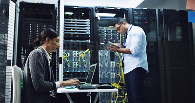 Buy stock photo Man, woman and team with server maintenance, discussion and laptop for IT solution at company. People, programming and hardware check with tablet, app or information technology for diagnostics test