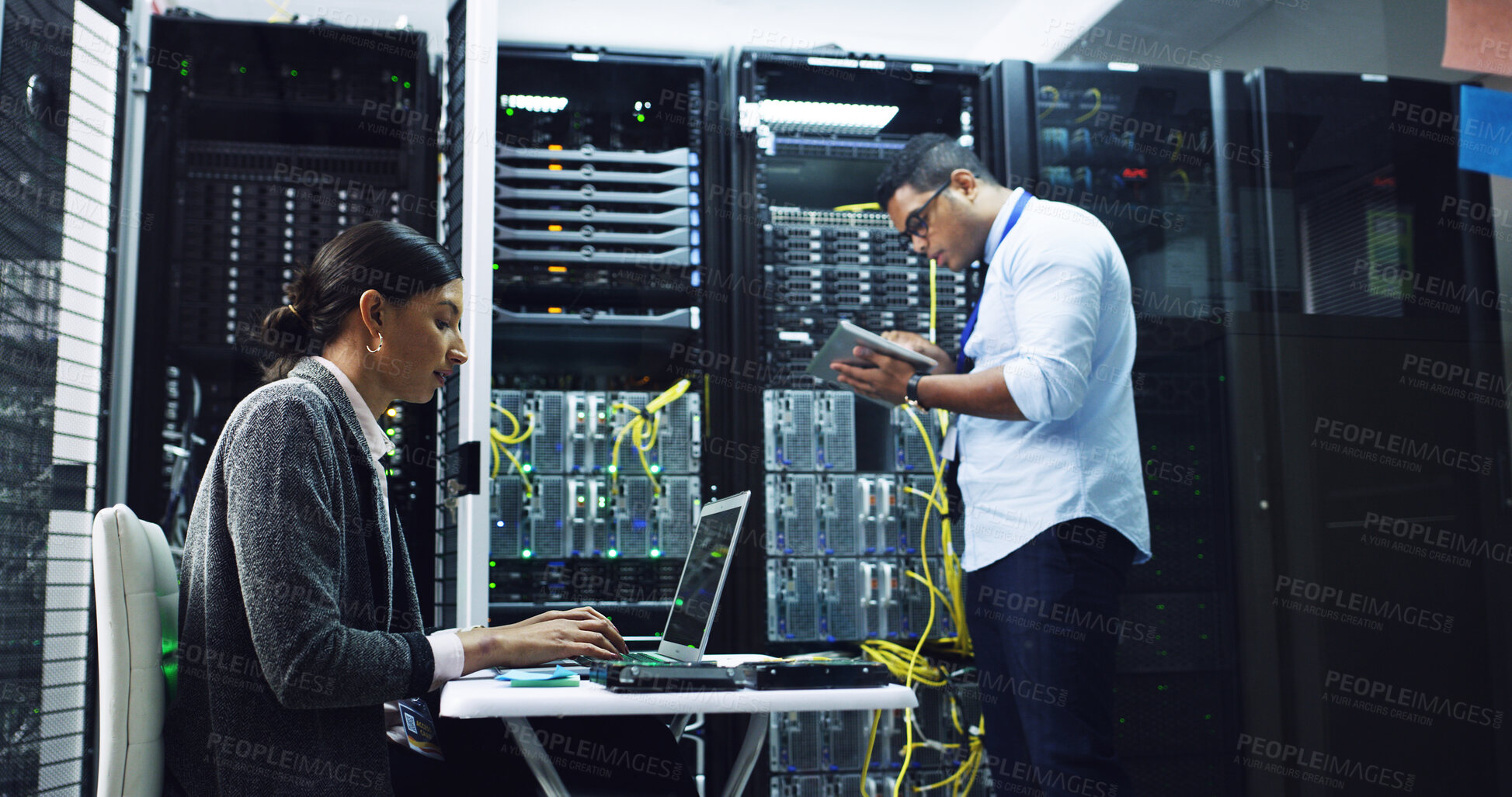 Buy stock photo Man, woman and team with server maintenance, discussion and laptop for IT solution at company. People, programming and hardware check with tablet, app or information technology for diagnostics test