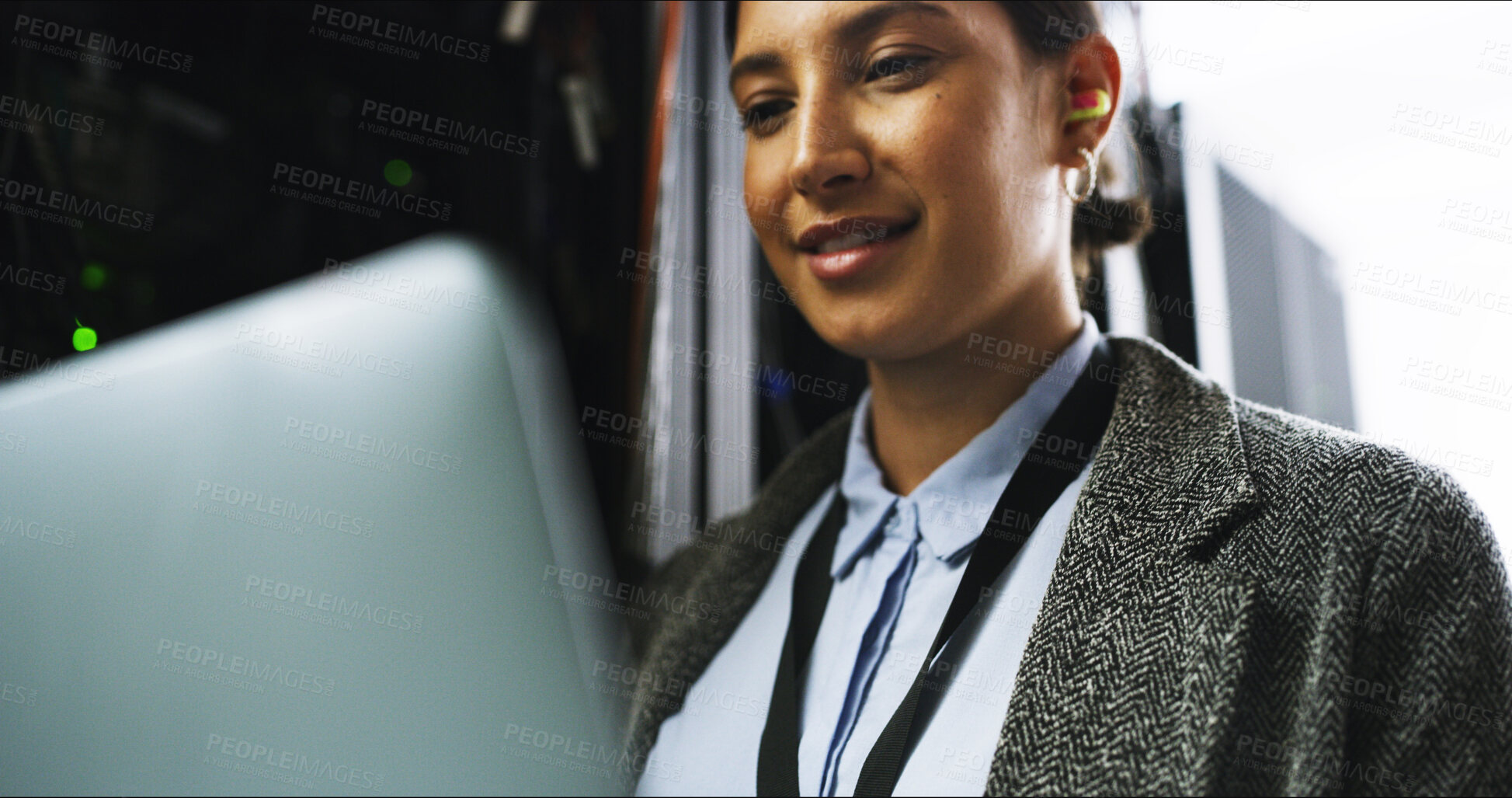 Buy stock photo Cybersecurity, testing or woman on laptop for engineering, repair or inspection in server room. Information technology, programming or IT technician with data for maintenance, backup or control panel