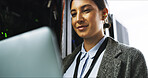 Server room, laptop and happy woman technician for cybersecurity update or online machine system. IT support, data center and smile of engineer for network, information technology and solution