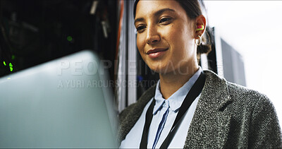 Buy stock photo Server room, laptop and happy woman technician for cybersecurity update or online machine system. IT support, data center and smile of engineer for network, information technology and solution