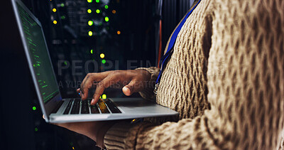 Buy stock photo Cybersecurity, hands or person on laptop for engineering, repair or inspection in server room. Information technology, programming or IT technician with data for maintenance, backup or control panel