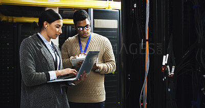 Buy stock photo Server room, team and people with laptop for planning, software update or system maintenance. Datacenter, collaboration or cloud computing with IT technician for database or cybersecurity with tablet