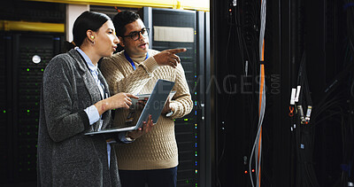 Buy stock photo Datacenter, team and people with laptop for maintenance, software update or system inspection. Server room, collaboration or cloud computing with IT engineer for database, cybersecurity or discussion