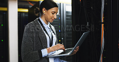 Buy stock photo Inspection, maintenance and woman with laptop in control room for technical support in office. Computer, database and IT consultant at board system for checking cybersecurity server in workplace.