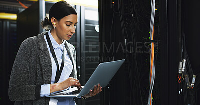 Buy stock photo Inspection, technical support and woman with laptop in control room for maintenance in office. Computer, database and IT consultant at board system for checking cybersecurity server in workplace.