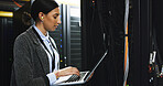 Inspection, database and woman with laptop in control room for technical support in office. Computer, maintenance and IT consultant at board system for checking cybersecurity server in workplace.