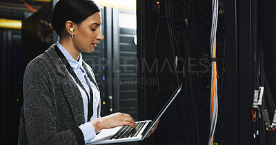Buy stock photo Inspection, database and woman with laptop in control room for technical support in office. Computer, maintenance and IT consultant at board system for checking cybersecurity server in workplace.