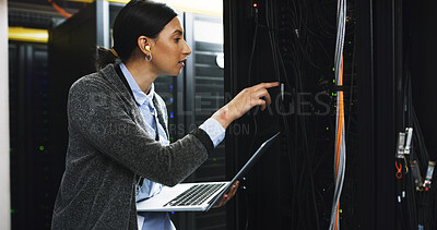 Buy stock photo Cybersecurity, cable or woman on laptop for server room, repair or wires inspection. Information technology, programming or IT technician with data circuit for maintenance, backup or control panel