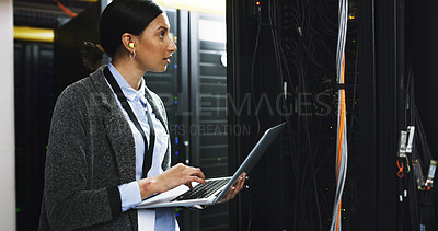 Buy stock photo Database, maintenance and woman with laptop in control room for technical support in office. Computer, inspection and IT consultant at board system for checking cybersecurity server in workplace.