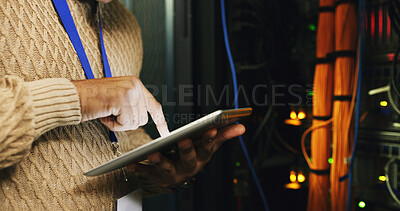 Buy stock photo Hands, person and database on tablet in server room for software, update system and testing. Programmer, digital and IT inspection for technical engineering, network security and hardware maintenance
